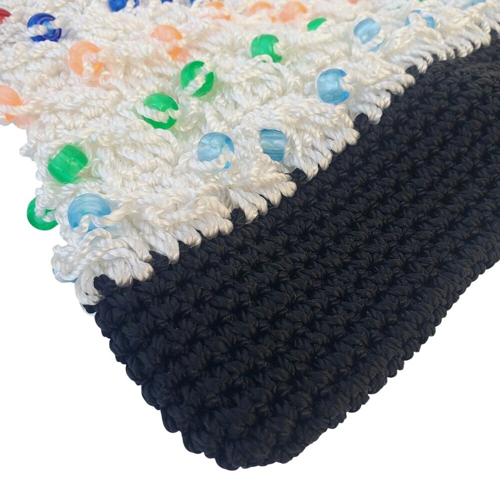 Crocheted Beaded Crossbody Purse Soda Can Beer Tab Strap Black White Blue - Picture 6 of 10